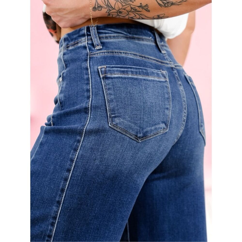Risen High Rise Dark Wash Wide Leg Raw Hem Stretch Denim Jeans NWT - Picture 14 of 14